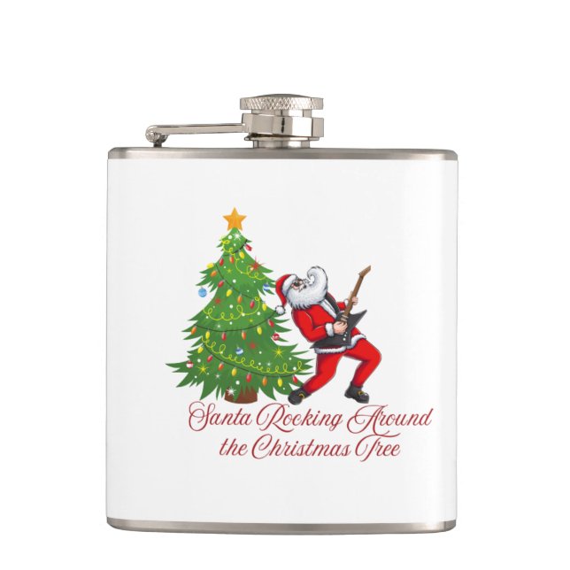 Santa Rocking rund um den Weihnachtsbaum auf einem Flachmann (Vorderseite)