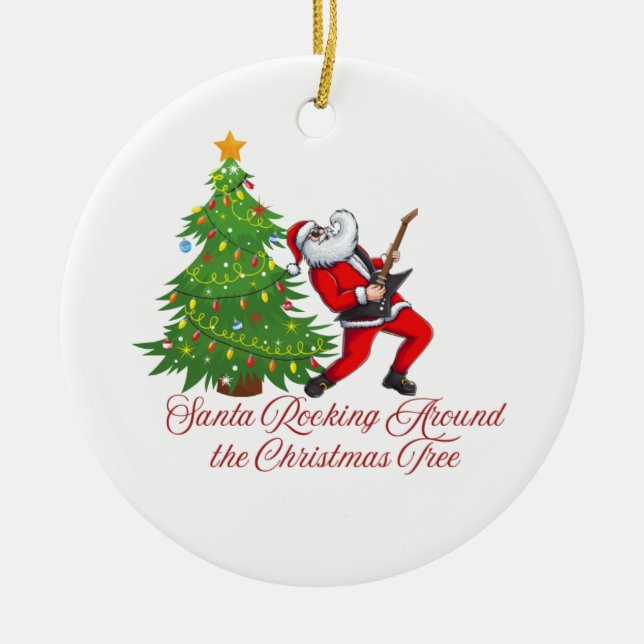 Santa Rocking rund um den Weihnachtsbaum auf einem Keramik Ornament (Vorne)