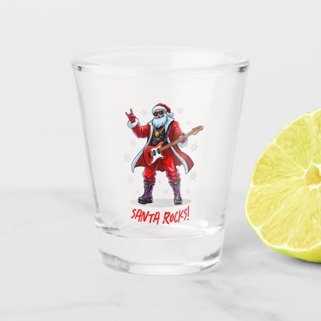 Santa Rocks! Funny Santa Claus spielt Gitarre Schnapsglas (Vorderseite)