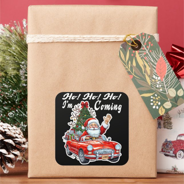 Santa rotes Auto schwarzer Hintergrund Quadratischer Aufkleber (Feiertag)