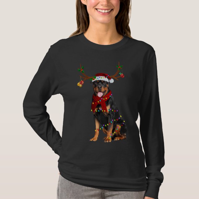 Santa Rottweiler Rentiere Licht Weihnachten T-Shirt (Vorderseite)