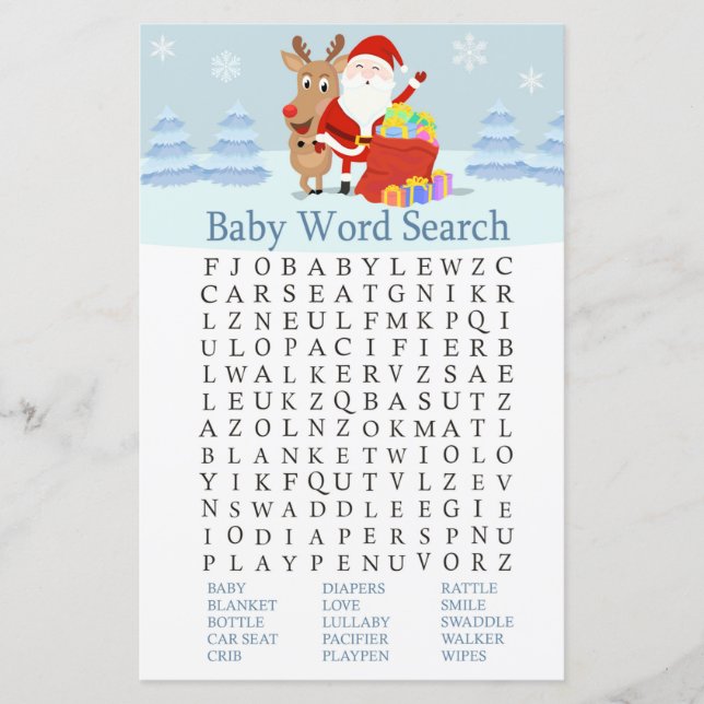 Santa, Rudolph Baby Dusche Word Search Game (Vorderseite)