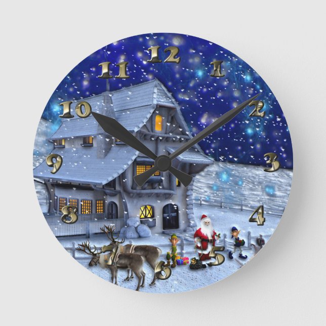 Santa Rudolph Elf mit Schlitten Runde Wanduhr (Vorderseite)