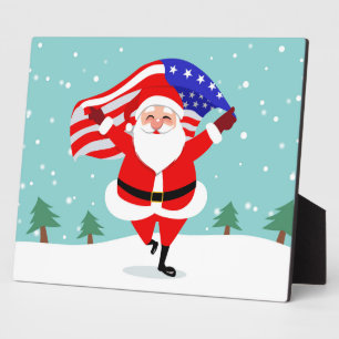 Santa running with american flag fotoplatte
