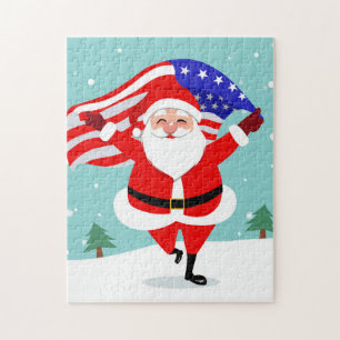 Santa Running with american flag Puzzle