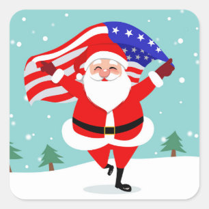 Santa Running with american flag Quadratischer Aufkleber