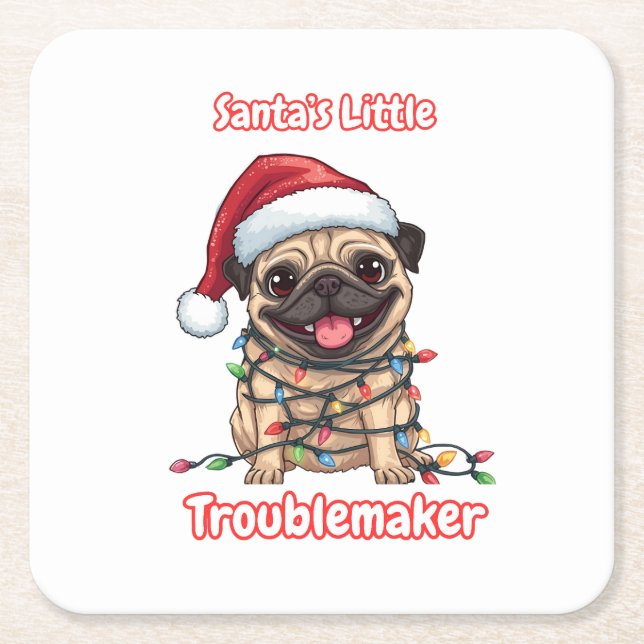 Santa’s Little Troublemaker – Funny Christmas Pug  Rechteckiger Pappuntersetzer (Vorderseite)
