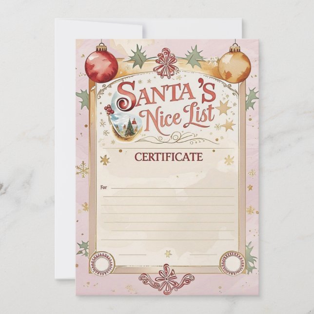 Santa’s Nice List Certificate | Pastel Pink & Gold Einladung (Vorderseite)