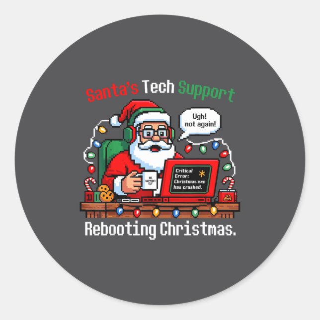 Santa s Support Tech Rebooting IT Computer Humor Runder Aufkleber (Vorderseite)
