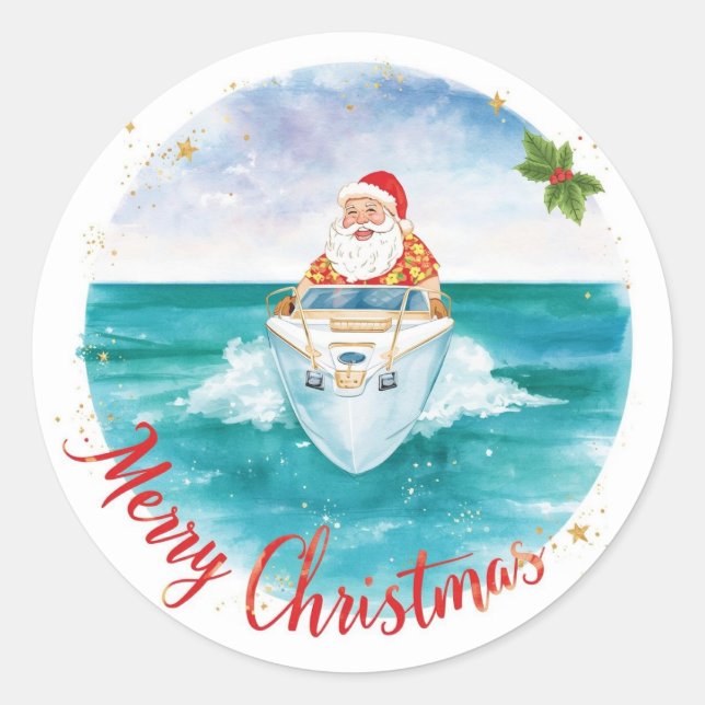 Santa Sailing – Tropical Christmas by the Sea Runder Aufkleber (Vorderseite)