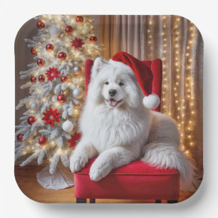 Santa Samoyed Hund auf einem roten Stuhl Pappteller