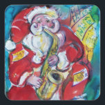 SANTA & SAX, CHRISTMAS-PARTY QUADRATISCHER AUFKLEBER<br><div class="desc">Der Weihnachtsmann spielt Saxophon mit musikalischen Noten in kräftigen Rot-,  Gelb-,  Blau- und Weißtönen mit goldgelben Glitzern.</div>
