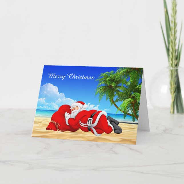 Santa schlafend am Strand Feiertagskarte (Vorderseite)