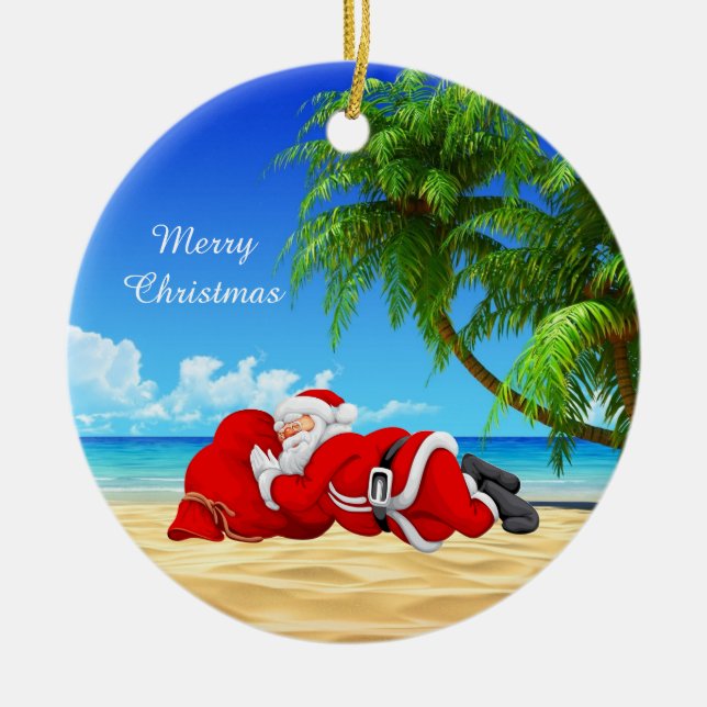 Santa schlafend am Strand Keramikornament (Vorne)