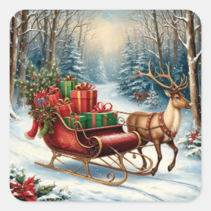 Santa-Schlitten durch den schneebedeckten Weihnach Quadratischer Aufkleber