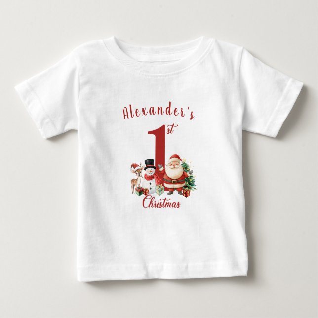Santa, Schneemann, Reh Baby's First Christmas Baby T-shirt (Vorderseite)