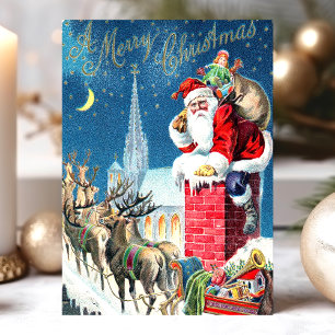Santa Schornstein Rentier auf Vintage Weihnachtssz Feiertagspostkarte