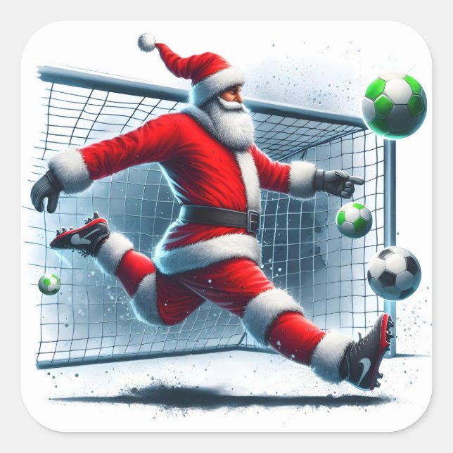 Santa Scores ein Ziel beim Fußballspielen im Winte Quadratischer Aufkleber (Vorderseite)