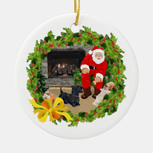 Santa Scottie Hund Weihnachtsbaumanhänger Keramik Ornament