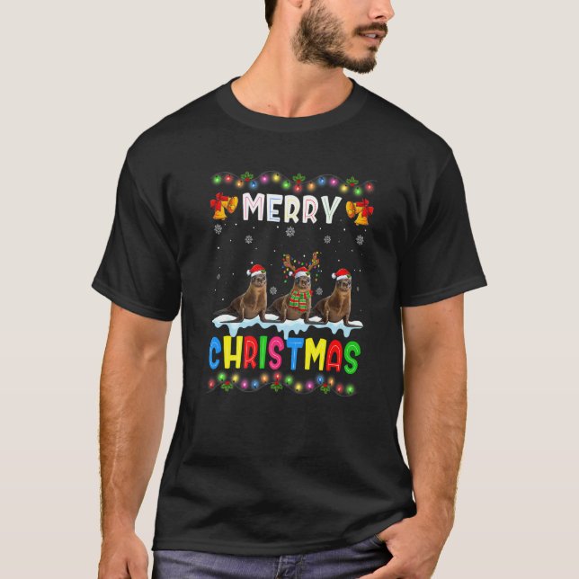 Santa Sea lion Animals Merry Christmas Pajama T-Shirt (Vorderseite)