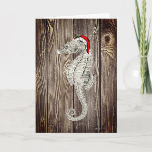 Santa Seepferd Rustic Wood Weihnachtskarte Feiertagskarte