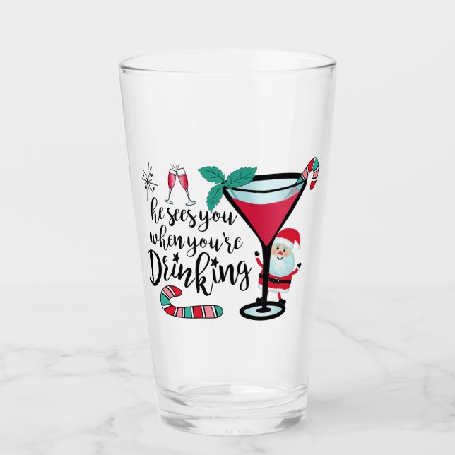 Santa Sees Sie trinken Funny Christmas Glas (Vorderseite)
