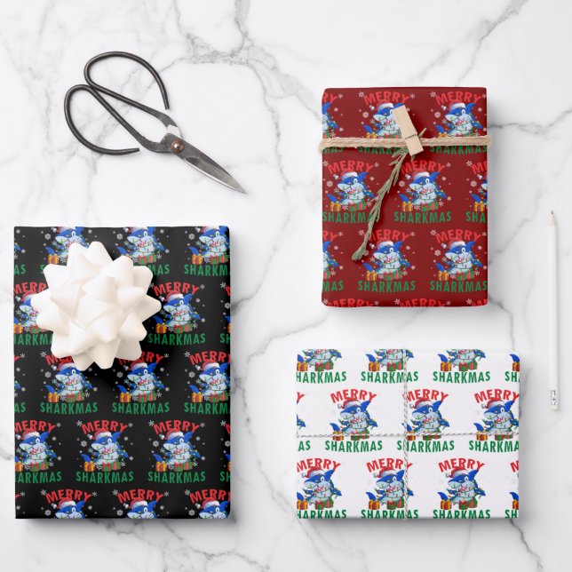 Santa Shark Gift Wrap | Merry Sharkmas Wrap Geschenkpapier Set (Vorderseite)