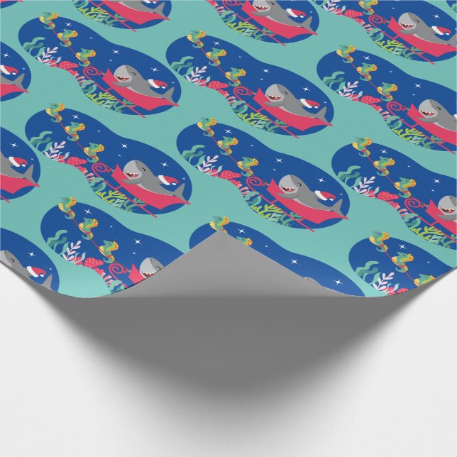 Santa Shark Riding Schlittenpapier Geschenkpapier (Ecke)