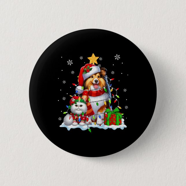 Santa Sheltie mit Elf Cat Weihnachtsleuchten Besit Button (Vorderseite)