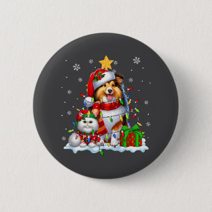 Santa Sheltie mit Elf Cat Weihnachtsleuchten Besit Button