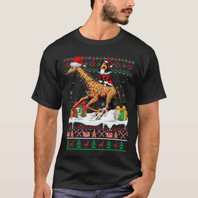 Santa Sheltie Riding Giraffe Weihnachts Sweater Lo T-Shirt (Vorderseite)
