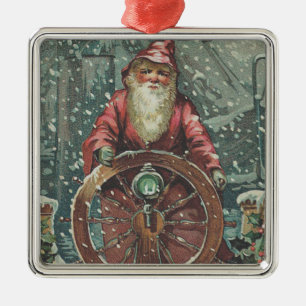 Santa Ship Boot Snow Storm Silbernes Ornament