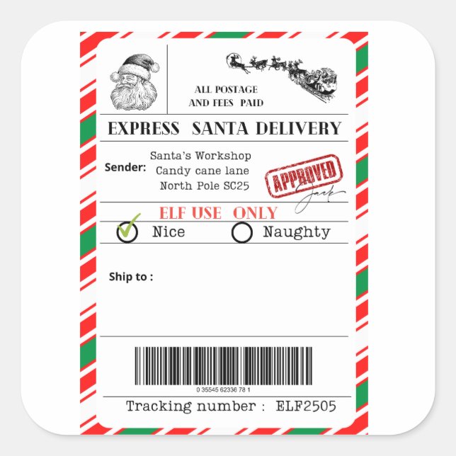 Santa shipping label quadratischer aufkleber (Vorderseite)