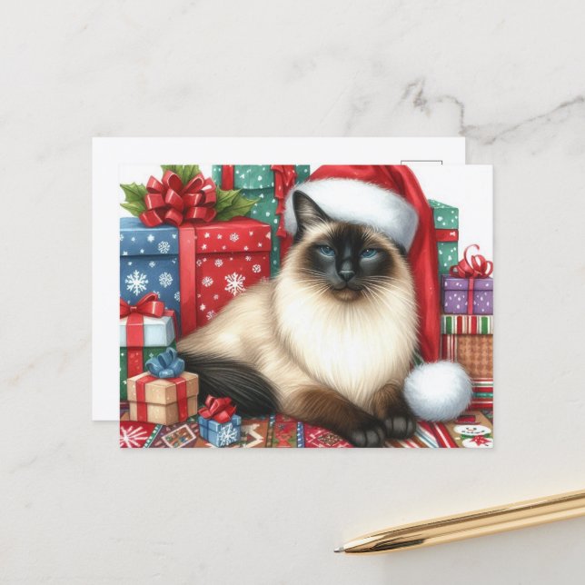 Santa Siamese Cat Christmas Holiday  Postkarte (Vorderseite/Rückseite Beispiel)