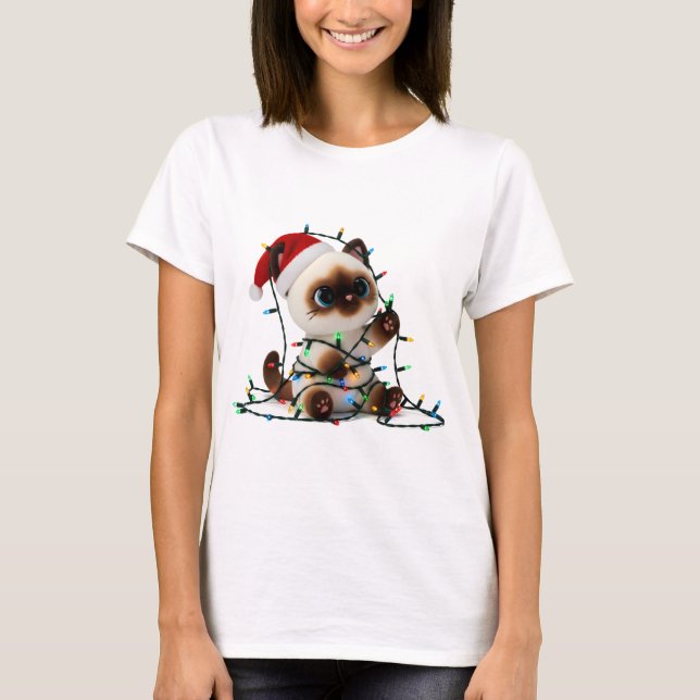 Santa Siamese Cat Tangled in Christmas Lights T-Shirt (Vorderseite)