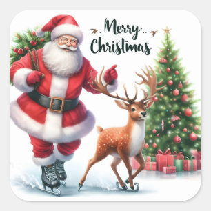 Santa Skate mit Happy Rentier Quadratischer Aufkleber
