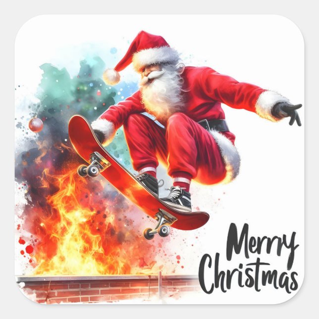 Santa Skateboarding über einem festlichen Feuer Quadratischer Aufkleber (Vorderseite)