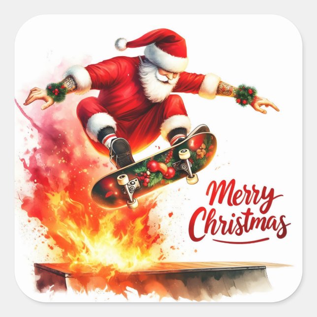 Santa Skateboards mit Weihnachtsgeist Quadratischer Aufkleber (Vorderseite)