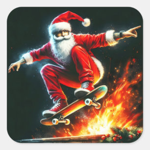 Santa Skateboards über Nacht Feuer Quadratischer Aufkleber