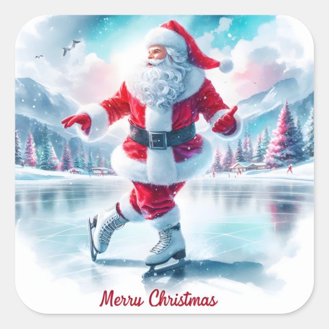 Santa Skaten in einem Winterwunderland Quadratischer Aufkleber (Vorderseite)