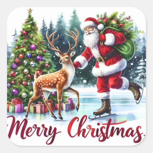 Santa Skaten mit Rentier von Bäumen Quadratischer Aufkleber (Vorderseite)