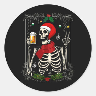 Santa Skeleton Drinking Bier Retro Frohe Weihnacht Runder Aufkleber