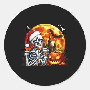 Santa Skeleton Trinkkaffee Halloween Pu Runder Aufkleber