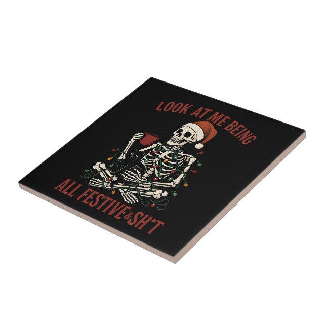 Santa Skeleton with Cat Holiday Snark Fliese (Seite)