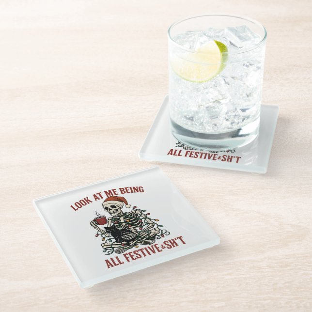 Santa Skeleton with Cat Holiday Snark Glasuntersetzer (Schrägansicht)