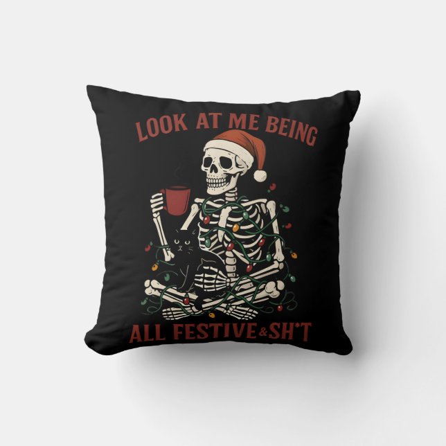 Santa Skeleton with Cat Holiday Snark Kissen (Vorderseite)