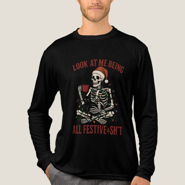 Santa Skeleton with Cat Holiday Snark Tri-Blend Shirt (Vorderseite)