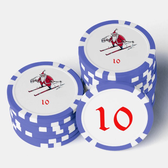 Santa Skiing Blue 10 gestreifter Poker Chip (Stapel)