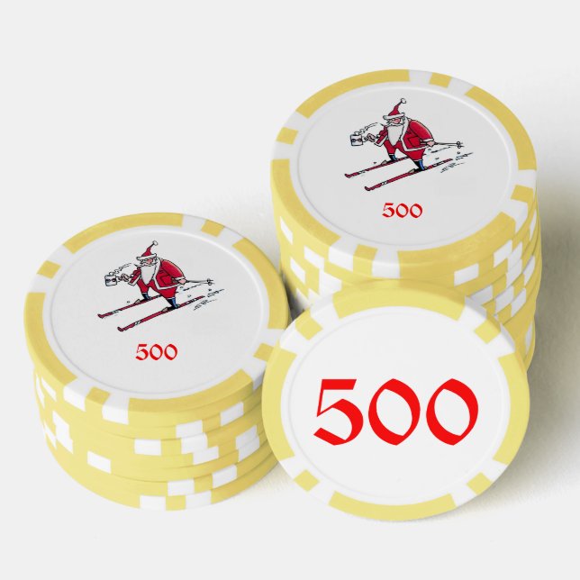 Santa Skiing gelber 500 gestreifter Poker Chip (Stapel)