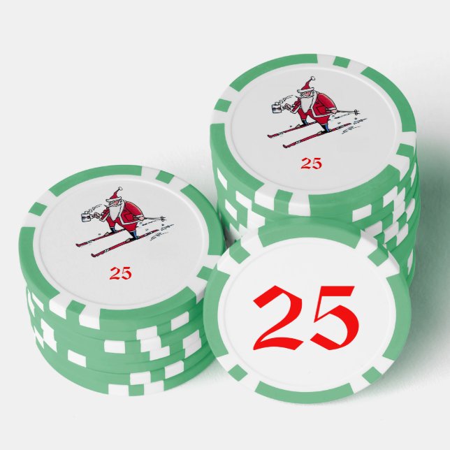 Santa Skiing Green 25 gestreifter Poker Chip (Stapel)
